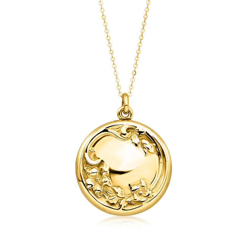 Round gold locket necklace with engraved floral front and bail on chain