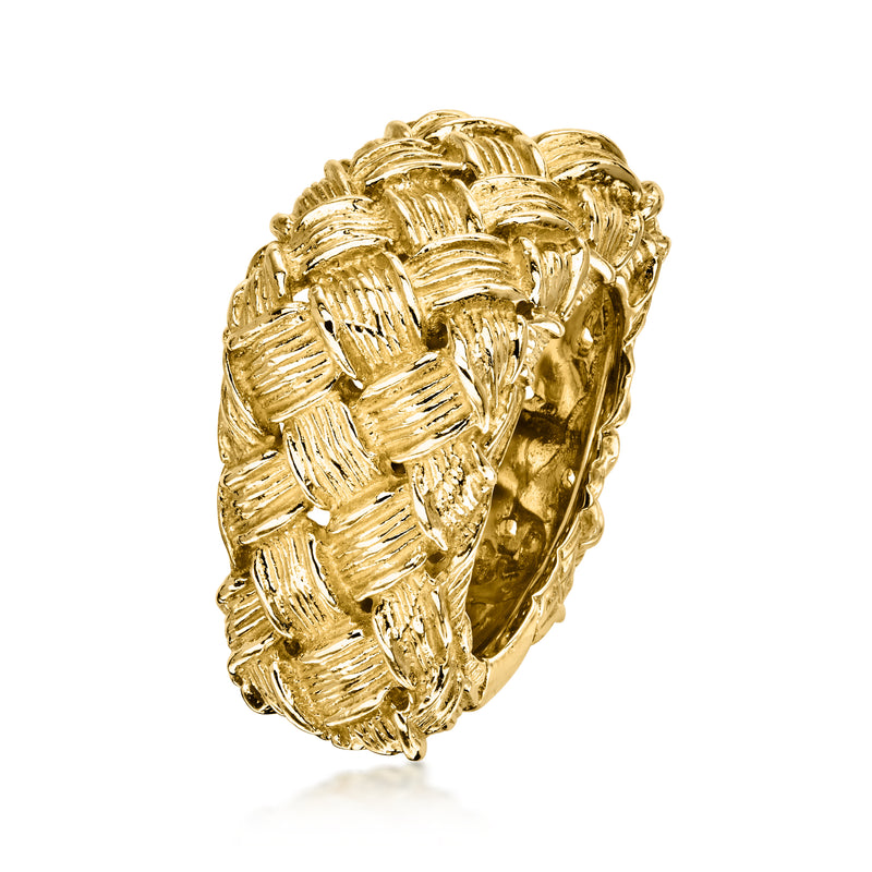 14kt yellow gold basketweave textured ring, sculpted oval profile