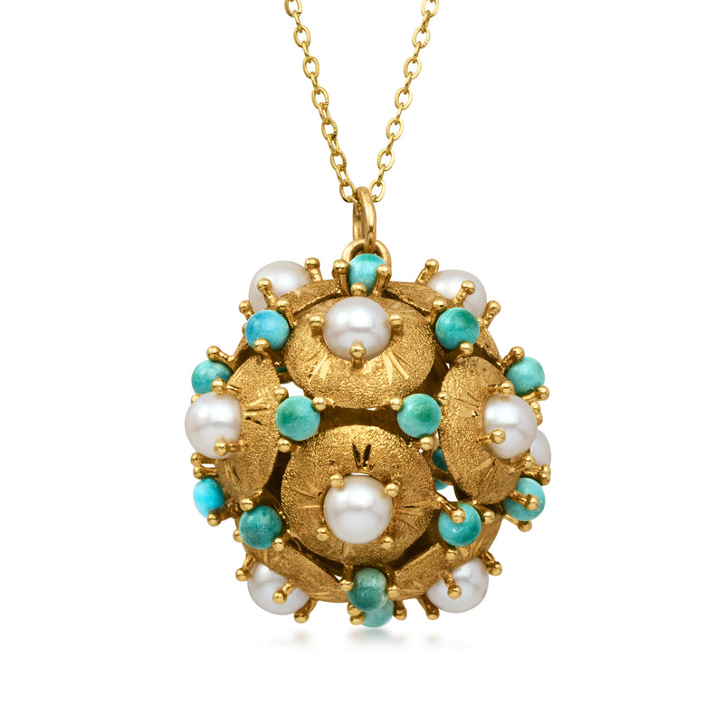 18kt yellow gold pendant necklace with pearl and turquoise bead cluster