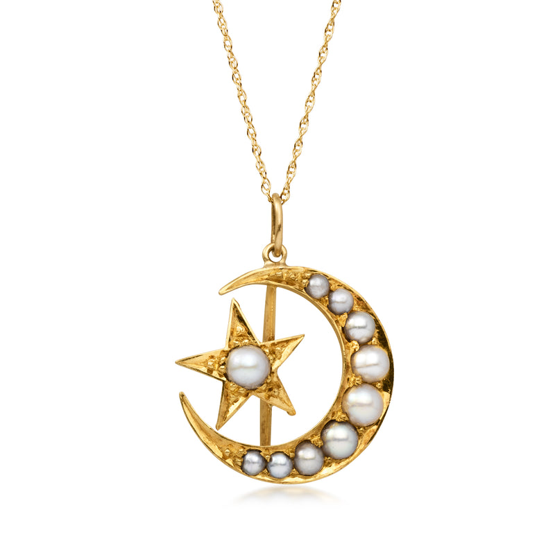 14kt yellow gold moon and star pendant necklace with cultured pearl accents