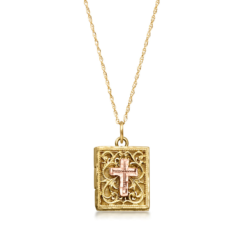 Two-tone gold vintage Bible pendant necklace with square cross medallion