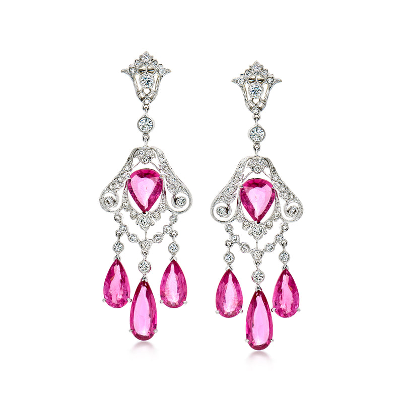 18kt white gold chandelier earrings with pink tourmaline teardrops and diamond accents