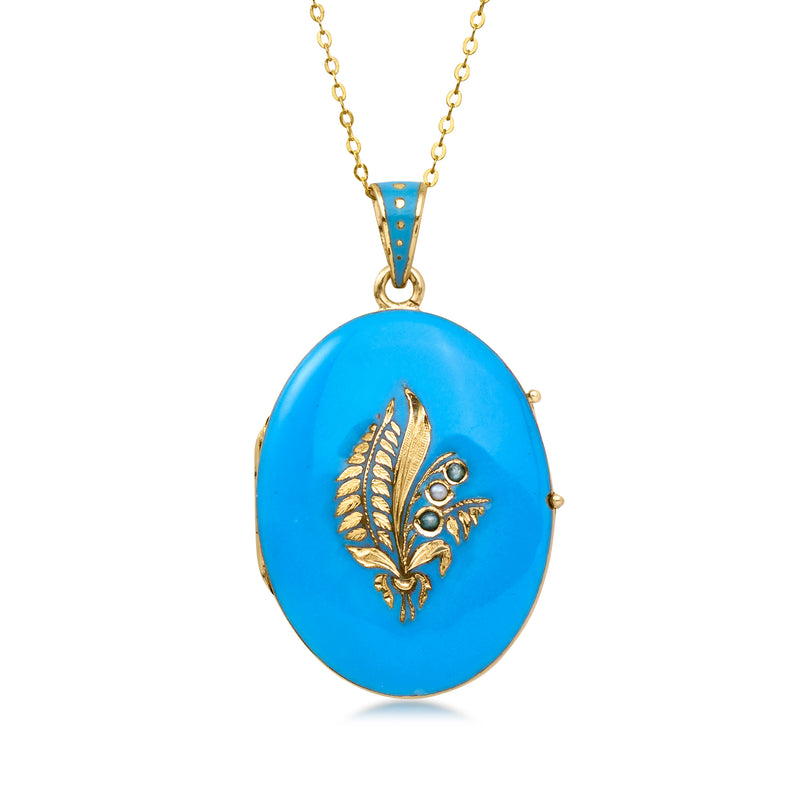 Blue oval enamel locket necklace with gold leaf motif and chain