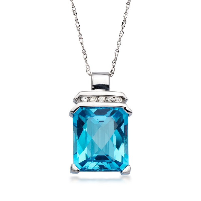 14kt white gold pendant necklace with Swiss blue topaz and diamond accents