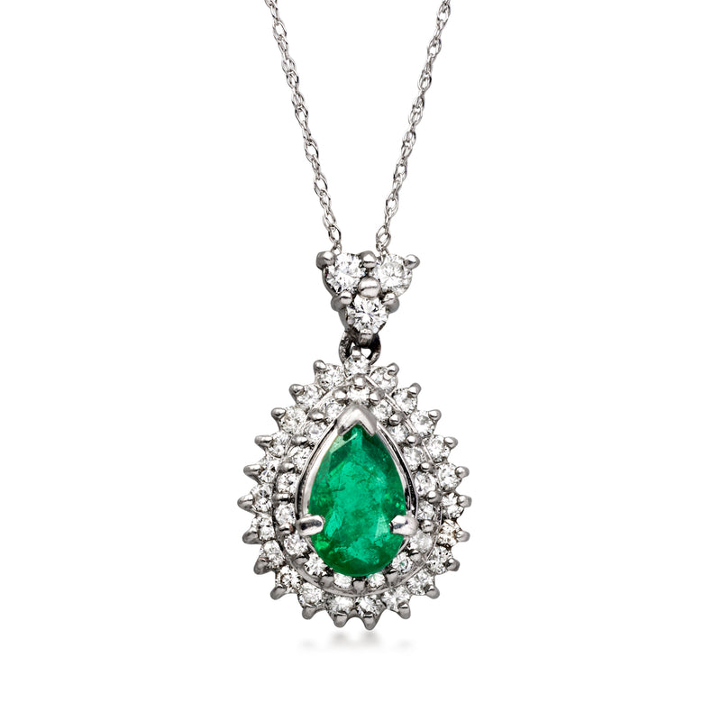 Emerald teardrop pendant necklace with diamond halo and platinum chain