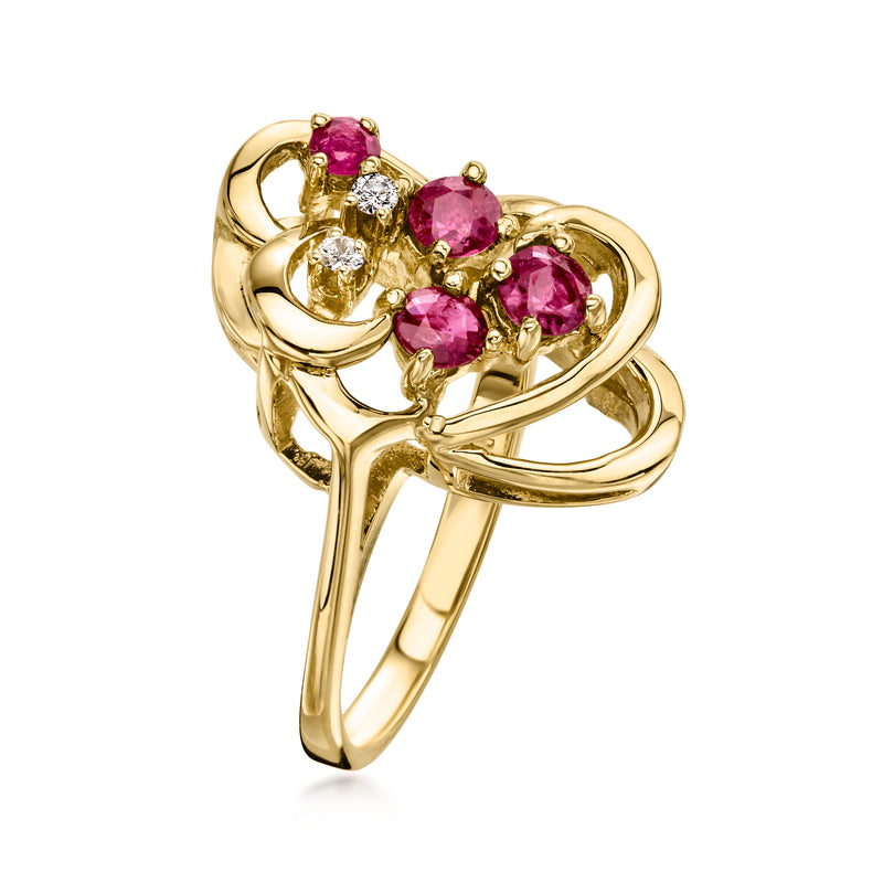 Ruby swirl ring with three pink gemstones and small diamond clusters, 14kt yellow gold