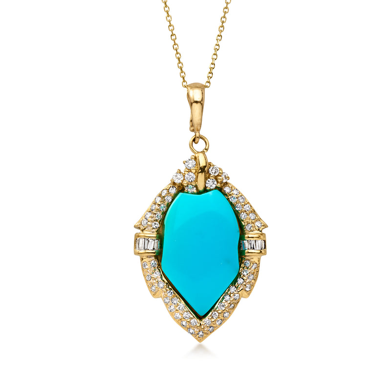 14kt yellow gold pendant necklace with oval turquoise stone and diamond-like halo