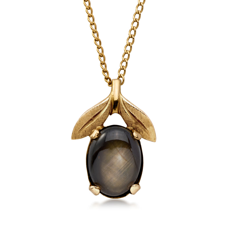 14kt yellow gold pendant necklace with dark cat’s-eye chrysoberyl teardrop pendant