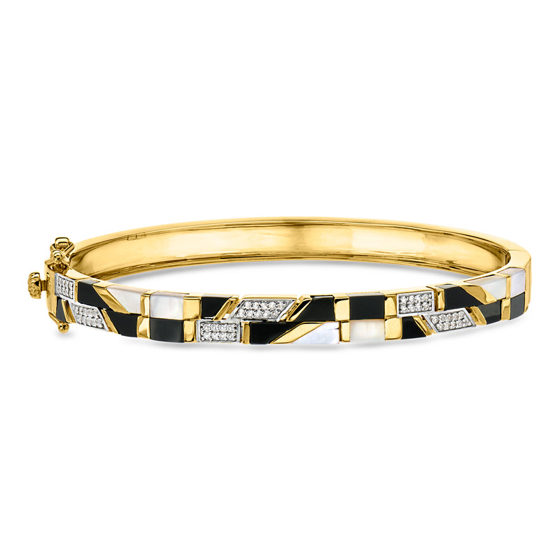 Mother-of-Pearl and Onyx Bangle Bracelet with .30 ct. t.w. White Topaz in 18kt Gold Over Sterling
