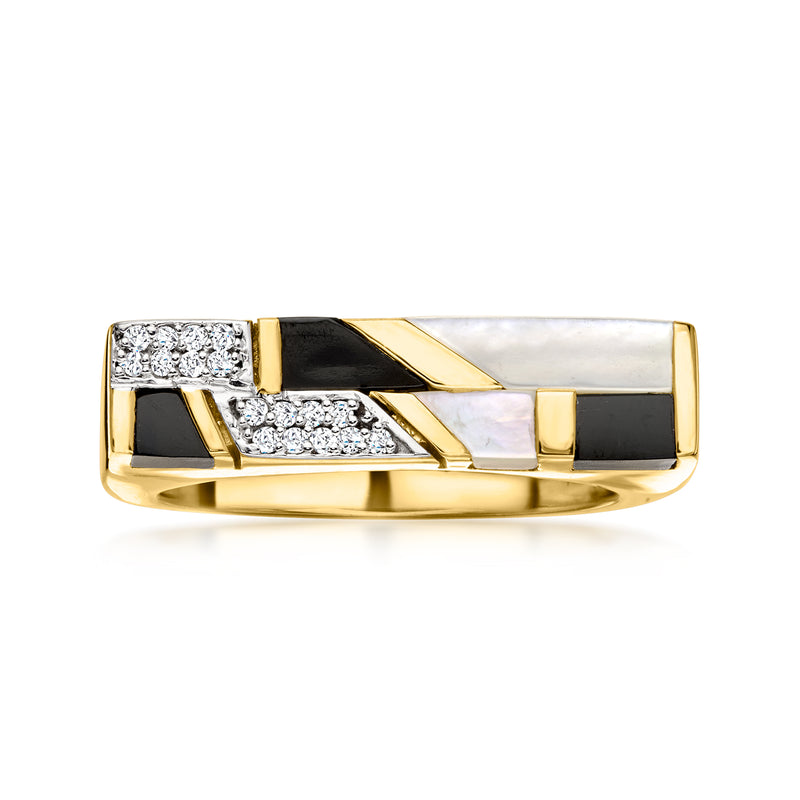 Mother-of-Pearl and Onyx Ring with White Topaz in 18kt Gold Over Sterling