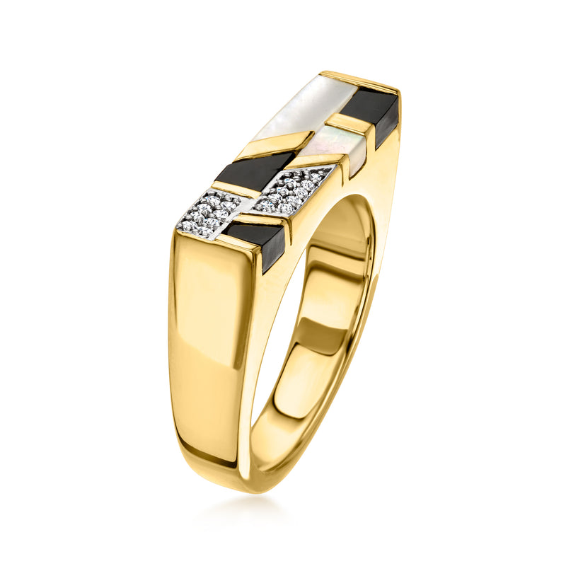 Mother-of-Pearl and Onyx Ring with White Topaz in 18kt Gold Over Sterling