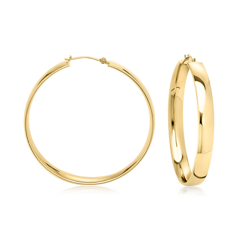 14kt yellow gold hoop earrings, hinged clasp, polished round hoops