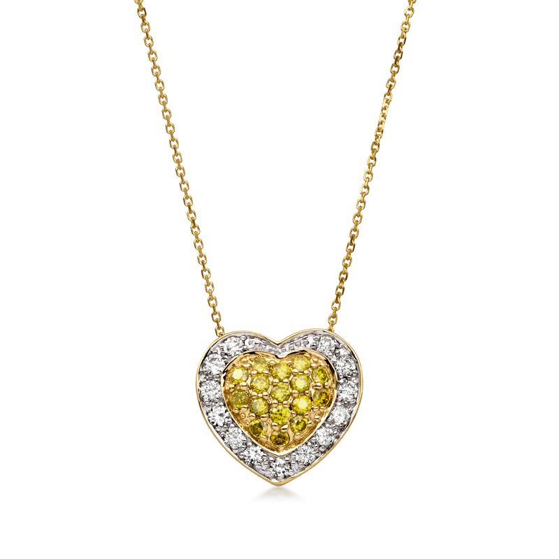 14kt yellow gold heart pendant with yellow and white diamond halo, on chain