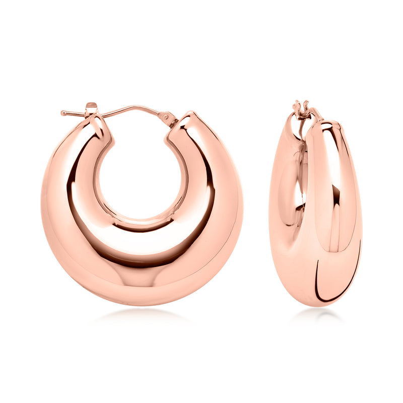 14kt rose gold puffed hoop earrings, wide curved rounded hoops