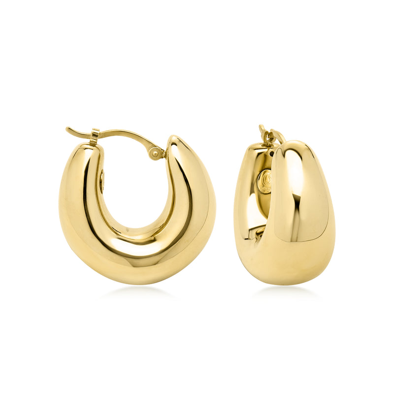 14kt yellow gold U-shaped puffed hoop earrings with hinged clasp