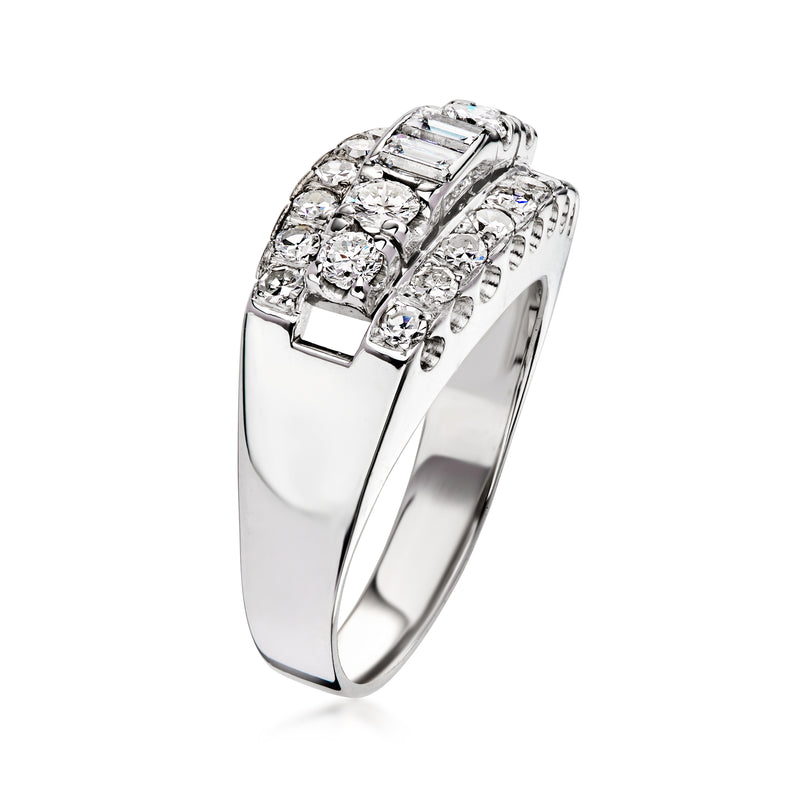 Three-row diamond ring, side view, 14kt white gold with baguette and round stones
