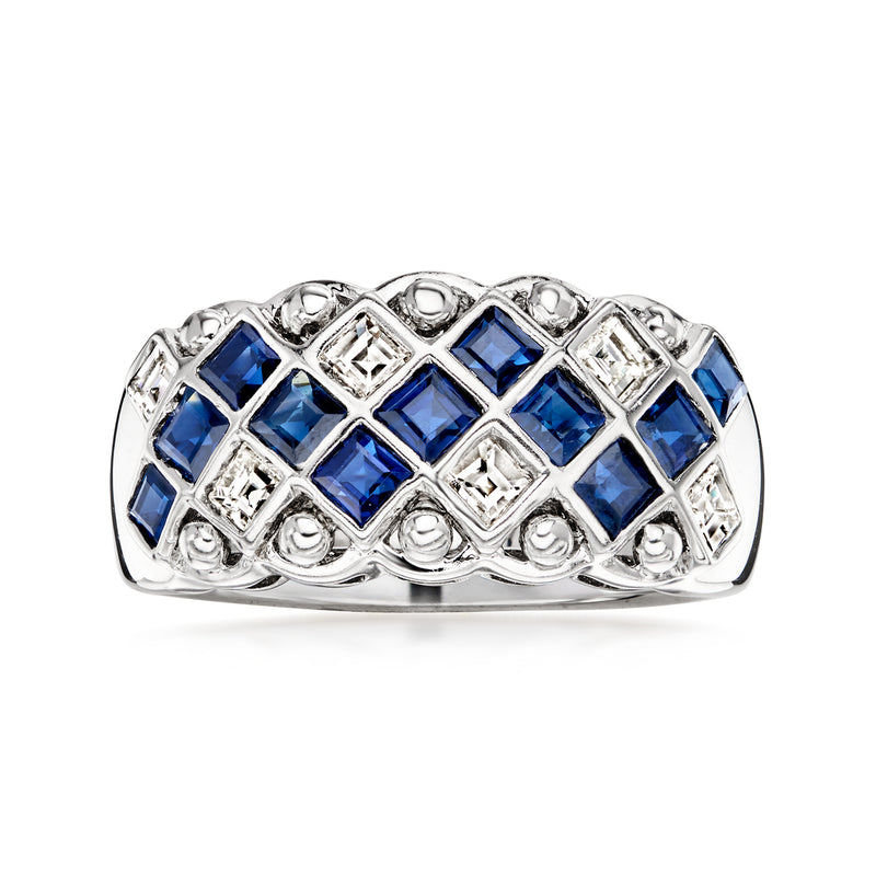 Zigzag sapphire and diamond ring, 18kt white gold, blue and clear stones, open lattice.