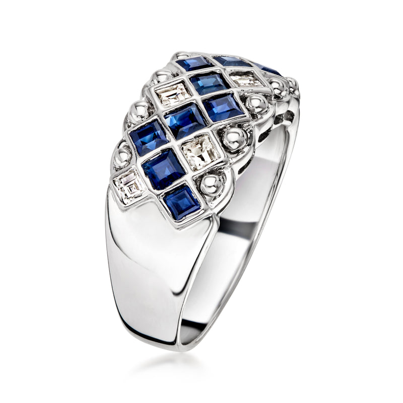 Zigzag sapphire and diamond ring, 18kt white gold, blue square stones with diamond accents.