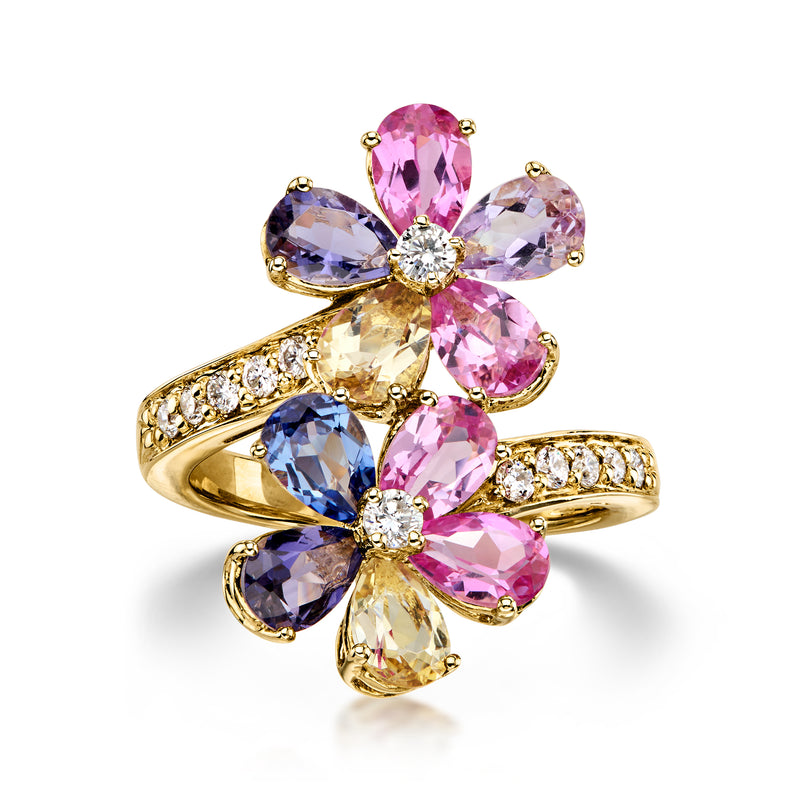 C. 1990 Vintage 5.00 ct. t.w. Multicolored Sapphire Flower Bypass Ring with .60 ct. t.w. Diamonds in 14kt Yellow Gold. Size 6.75