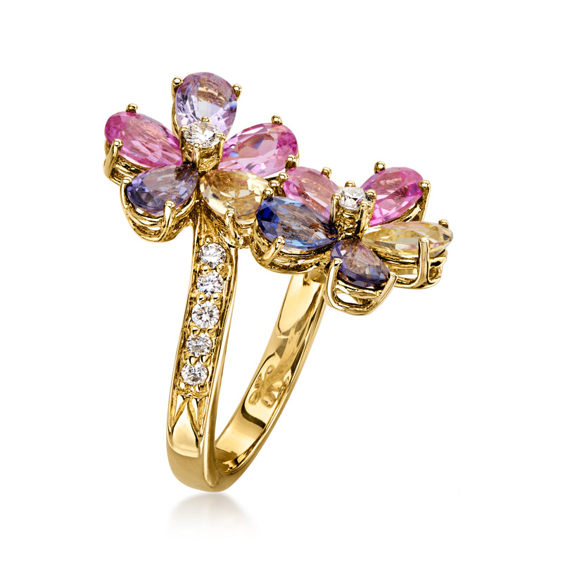 C. 1990 Vintage 5.00 ct. t.w. Multicolored Sapphire Flower Bypass Ring with .60 ct. t.w. Diamonds in 14kt Yellow Gold. Size 6.75