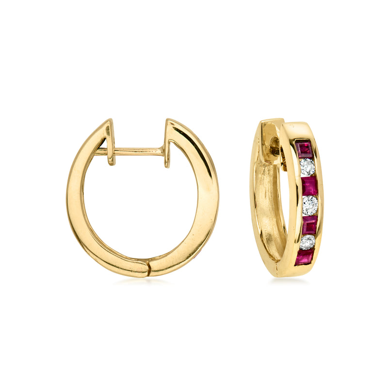C. 1990 Vintage .65 ct. t.w. Ruby and .26 ct. t.w. Diamond Hoop Earrings in 14kt Yellow Gold. 3/4"