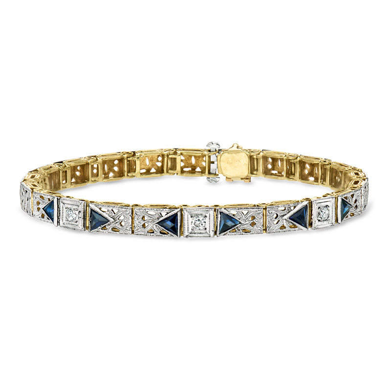 C. 1950 Vintage .60 ct. t.w. Synthetic Sapphire and .15 ct. t.w. Diamond Filigree Bracelet in Platinum and 14kt Yellow Gold. 6.75"