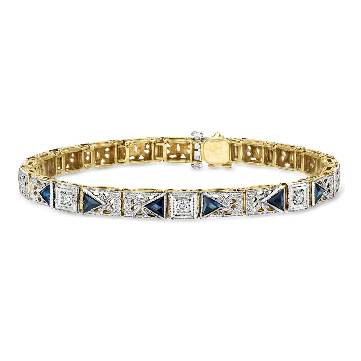 Pre-owned Ross-simons C. 1950 Vintage .60 Ct. T.w. Synthetic Sapphire And .15 Ct. T.w. Diamond Filigree Bracelet In Platin In Gold