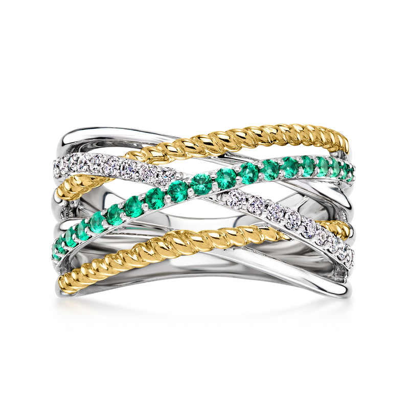 Stacked highway ring with green emerald accents, diamond insets, and braided gold trim