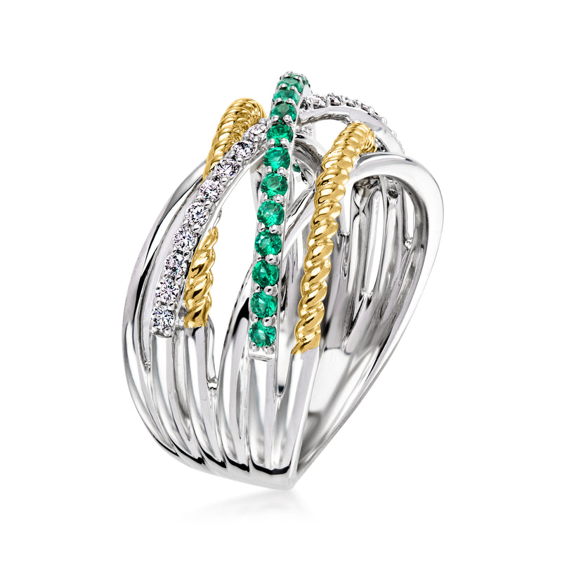 Sterling silver ring with braided 18kt gold trim, green emerald stones, and diamond bands