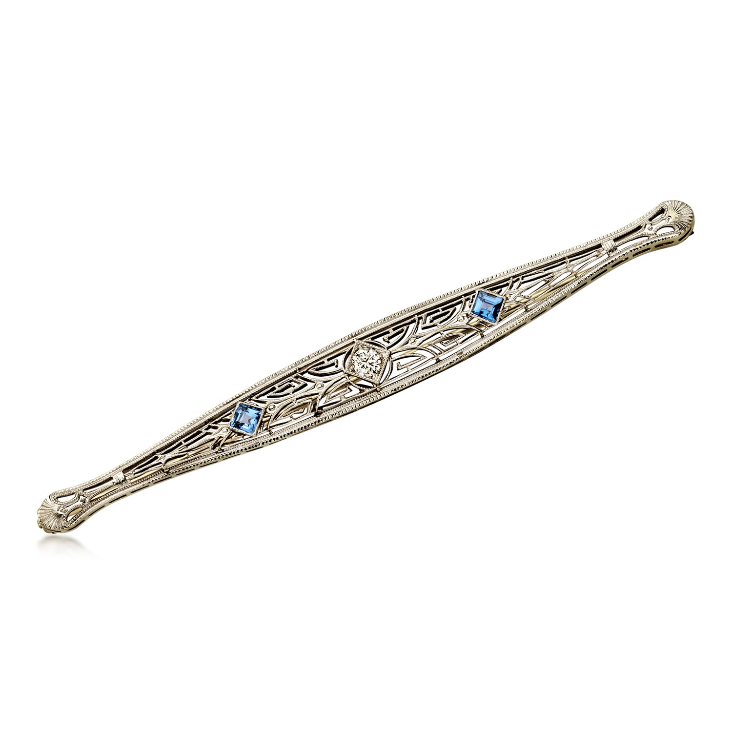 Pre-owned Ross-simons C. 1940 Vintage .30 Ct. T.w. Synthetic Sapphire Filigree Bar Pin With .10 Carat Diamond In Platinum  In Gold