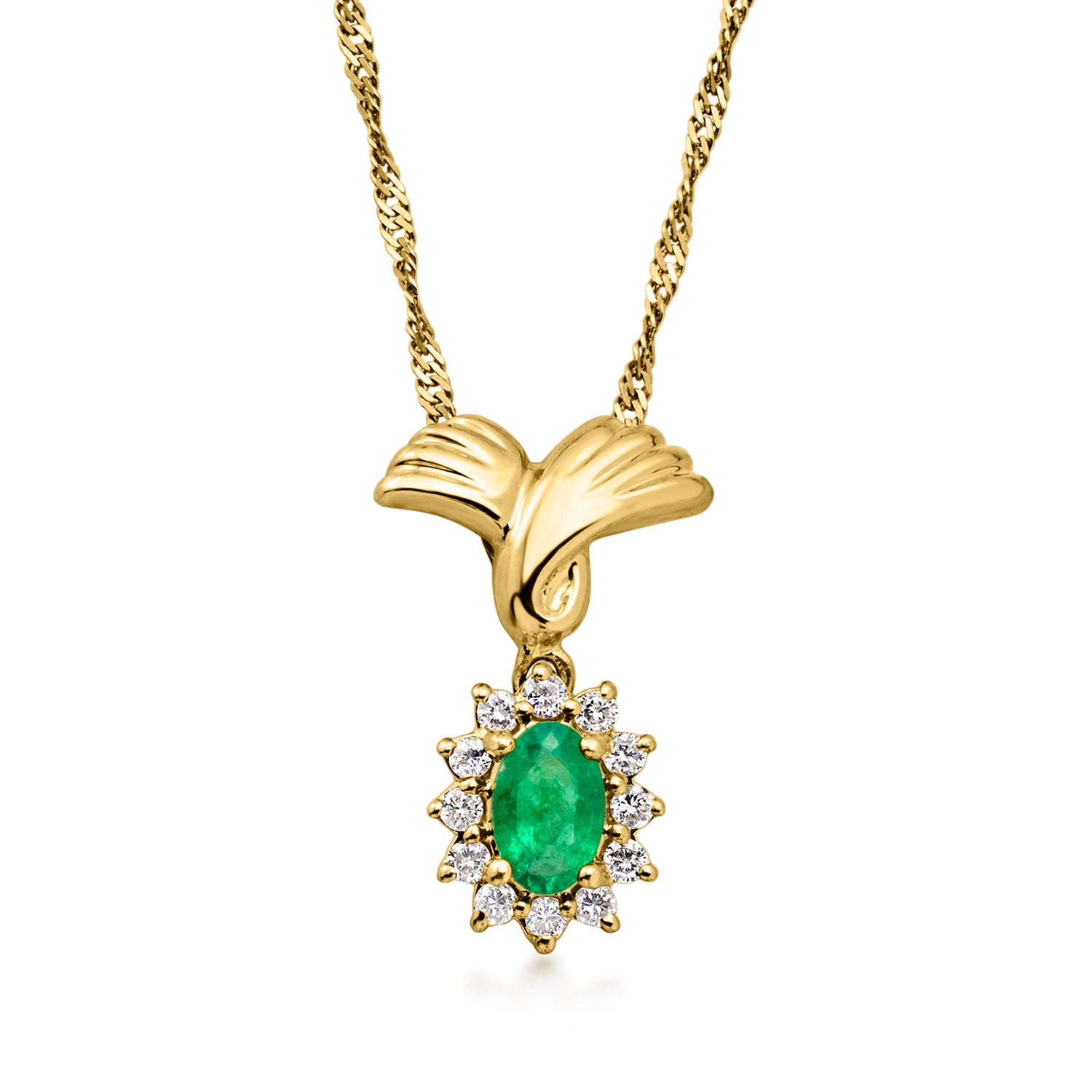 C. 1980 Vintage .40 Carat Emerald Pendant Necklace with .25 ct. t.w. Diamonds in 14kt Yellow Gold