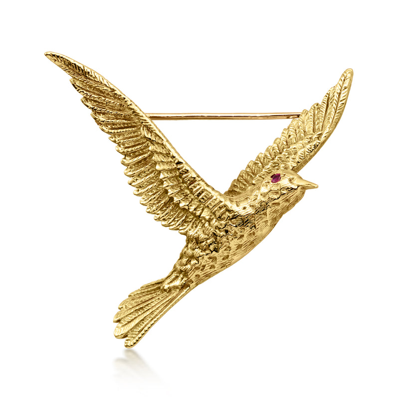 C. 1980 Vintage 18kt Yellow Gold Bird Pin with Single Ruby
