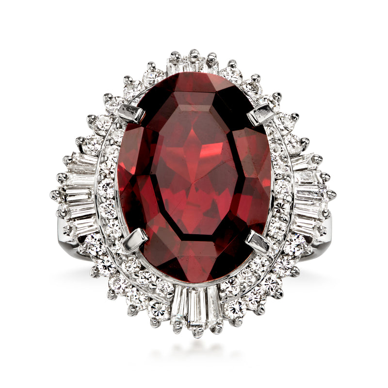 C. 1990 Vintage 11.90 Carat Garnet Ring with 1.60 ct. t.w. Diamonds in Platinum. Size 5.75