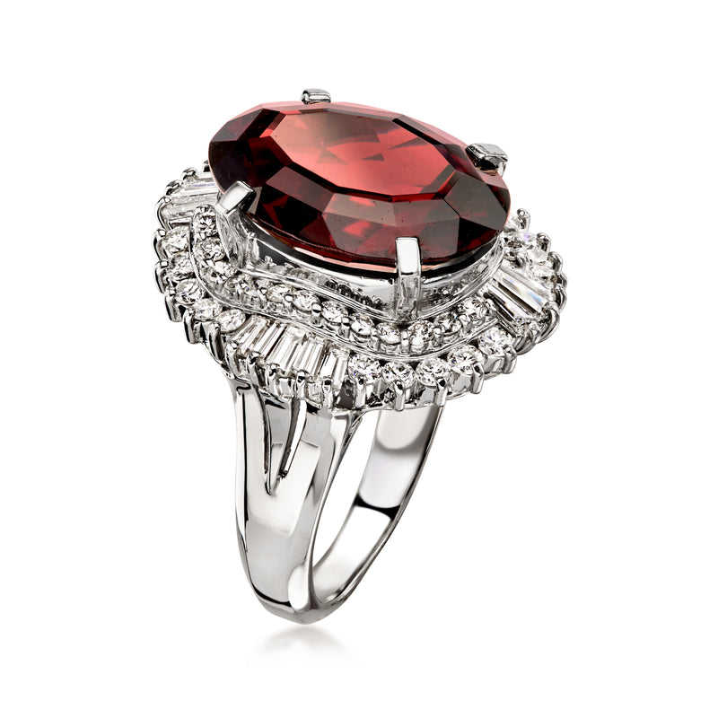 C. 1990 Vintage 11.90 Carat Garnet Ring with 1.60 ct. t.w. Diamonds in Platinum. Size 5.75