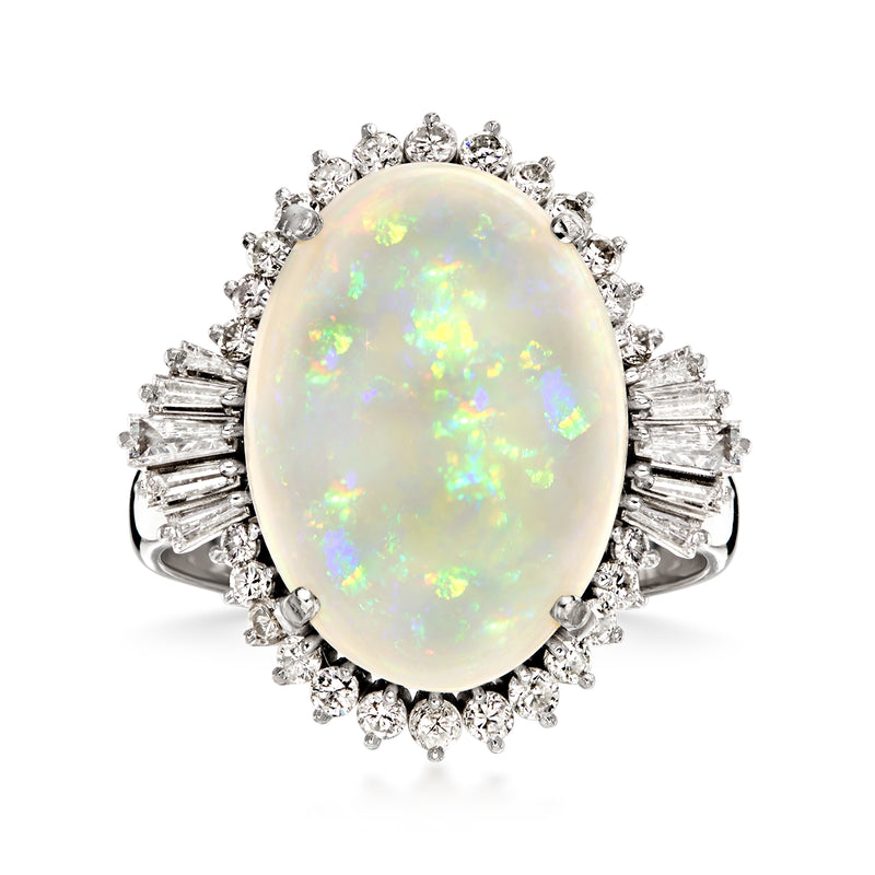 C. 1990 Vintage Opal Ring with .78 ct. t.w. Diamonds in Platinum. Size 6