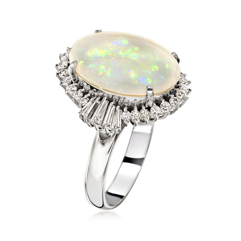 C. 1990 Vintage Opal Ring with .78 ct. t.w. Diamonds in Platinum. Size 6