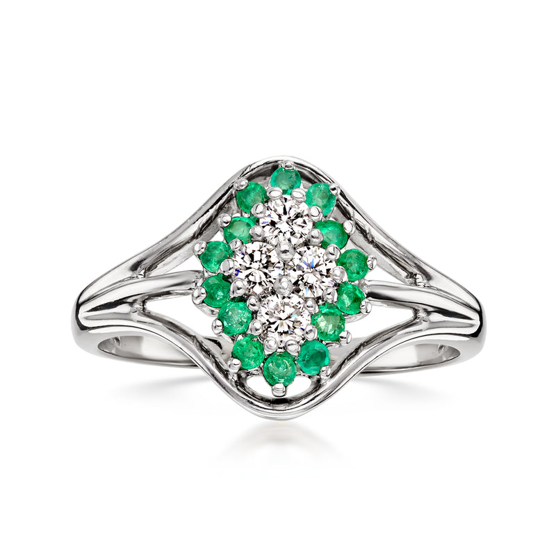 C. 1970 Vintage .32 ct. t.w. Emerald and .20 ct. t.w. Diamond Ring in 14kt White Gold. Size 7.25