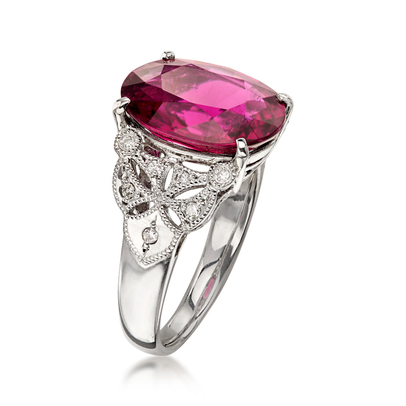 C. 2000 Vintage 6.36 Carat Pink Tourmaline Ring with .13 ct. t.w. Diamonds in Platinum. Size 6.75