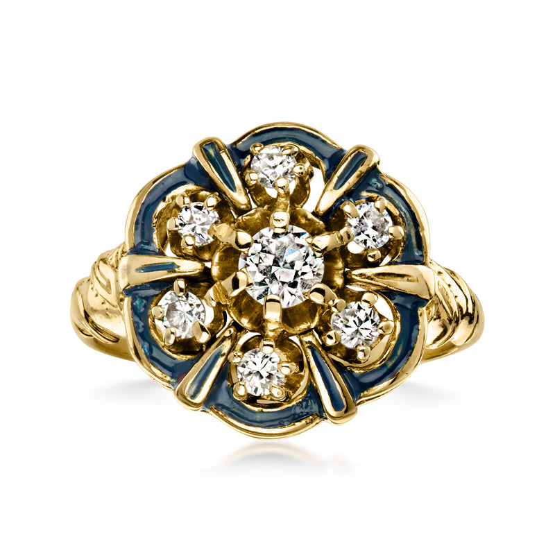 C. 1970 Vintage .55 ct. t.w. Diamond Ring with Blue Enamel in 14kt Yellow Gold. Size 7.25