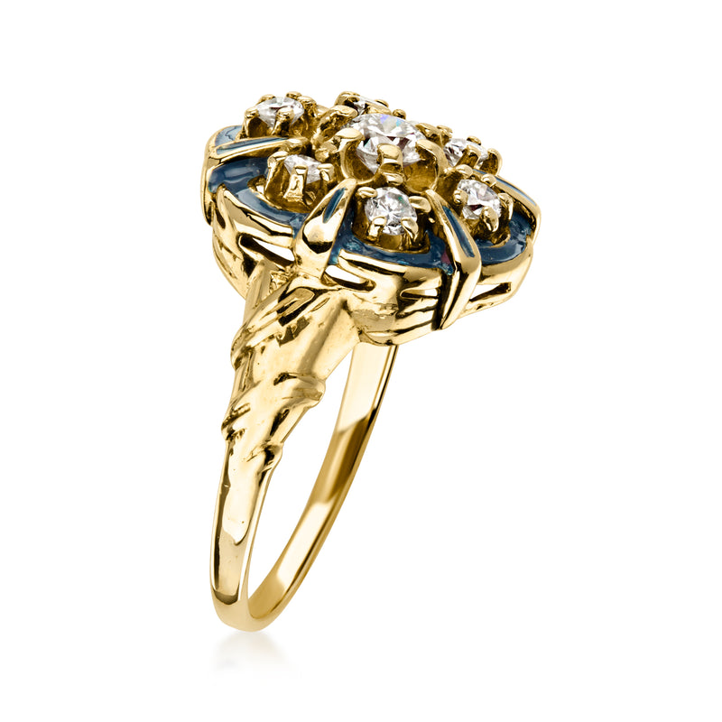 C. 1970 Vintage .55 ct. t.w. Diamond Ring with Blue Enamel in 14kt Yellow Gold. Size 7.25