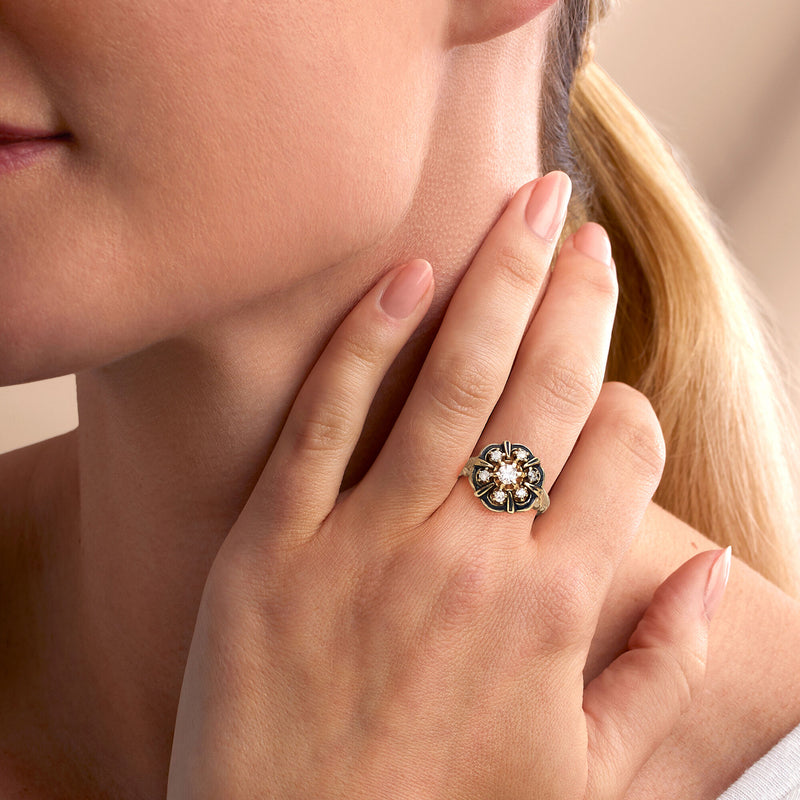 C. 1970 Vintage .55 ct. t.w. Diamond Ring with Blue Enamel in 14kt Yellow Gold. Size 7.25