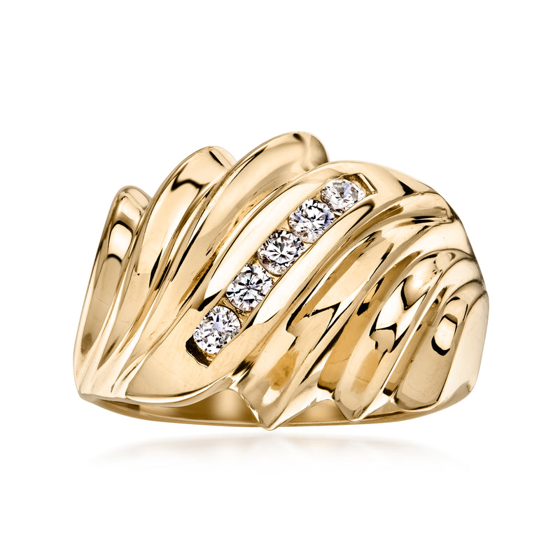 14kt yellow gold sculptural wave ring with channel-set round diamonds