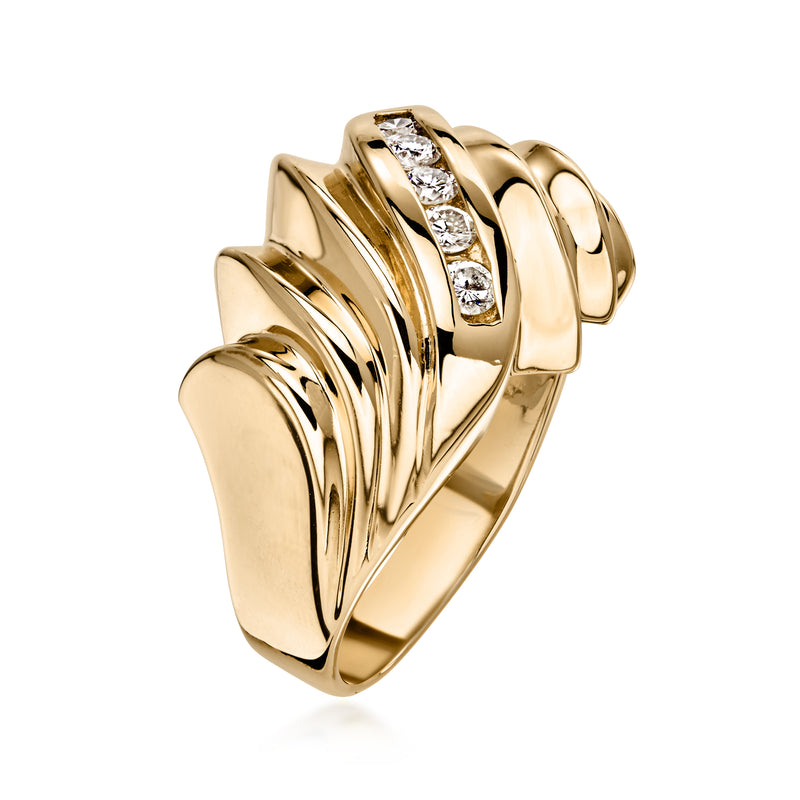14kt yellow gold sculptural ring with polished wave bands and diamond channel