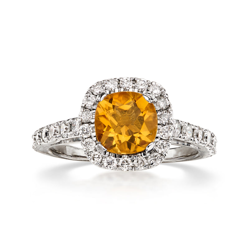 C. 1990 Vintage 1.00 Carat Citrine Ring with .75 ct. t.w. Diamonds in 14kt White Gold. Size 5