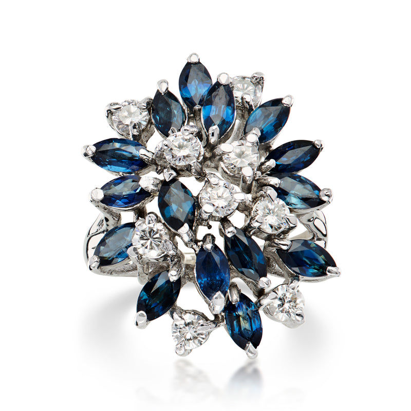 C. 1980 Vintage 2.25 ct. t.w. Sapphire and .80 ct. t.w. Diamond Cluster Ring in 14kt White Gold. Size 6.5