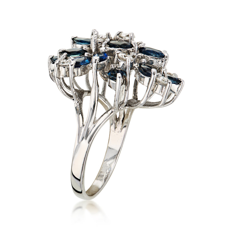C. 1980 Vintage 2.25 ct. t.w. Sapphire and .80 ct. t.w. Diamond Cluster Ring in 14kt White Gold. Size 6.5
