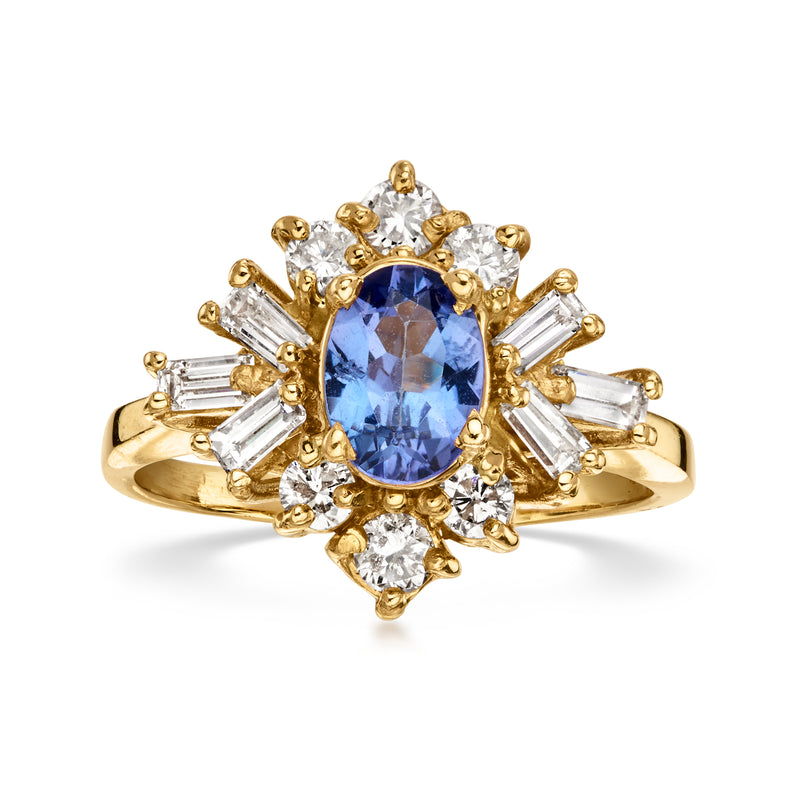 C. 1990 Vintage .70 Carat Tanzanite Ring with .85 ct. t.w. Diamonds in 14kt Yellow Gold. Size 6.5