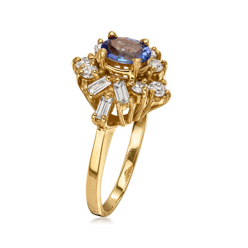 C. 1990 Vintage .70 Carat Tanzanite Ring with .85 ct. t.w. Diamonds in 14kt Yellow Gold. Size 6.5