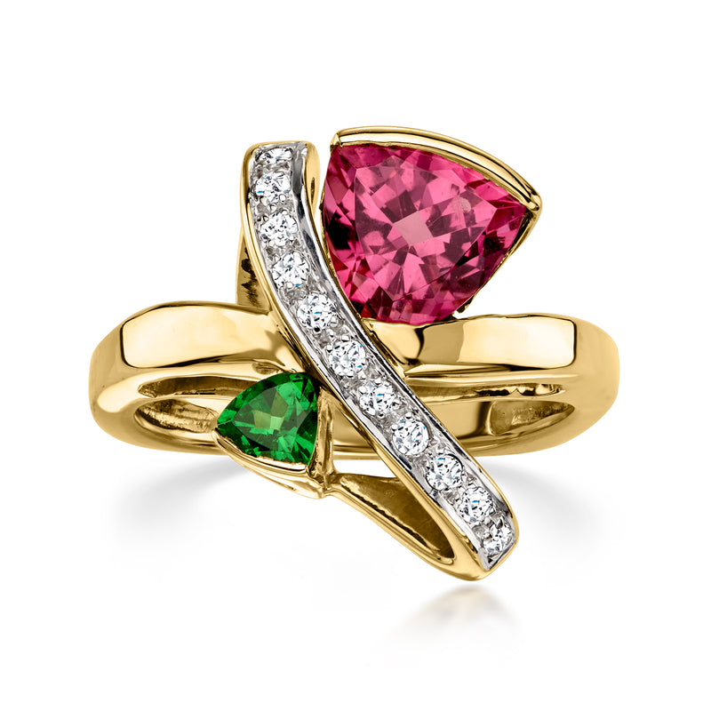 C. 1990 Vintage 2.35 ct. t.w. Pink and Green Tourmaline Ring with .16 ct. t.w. Diamonds in 14kt Yellow Gold. Size 7
