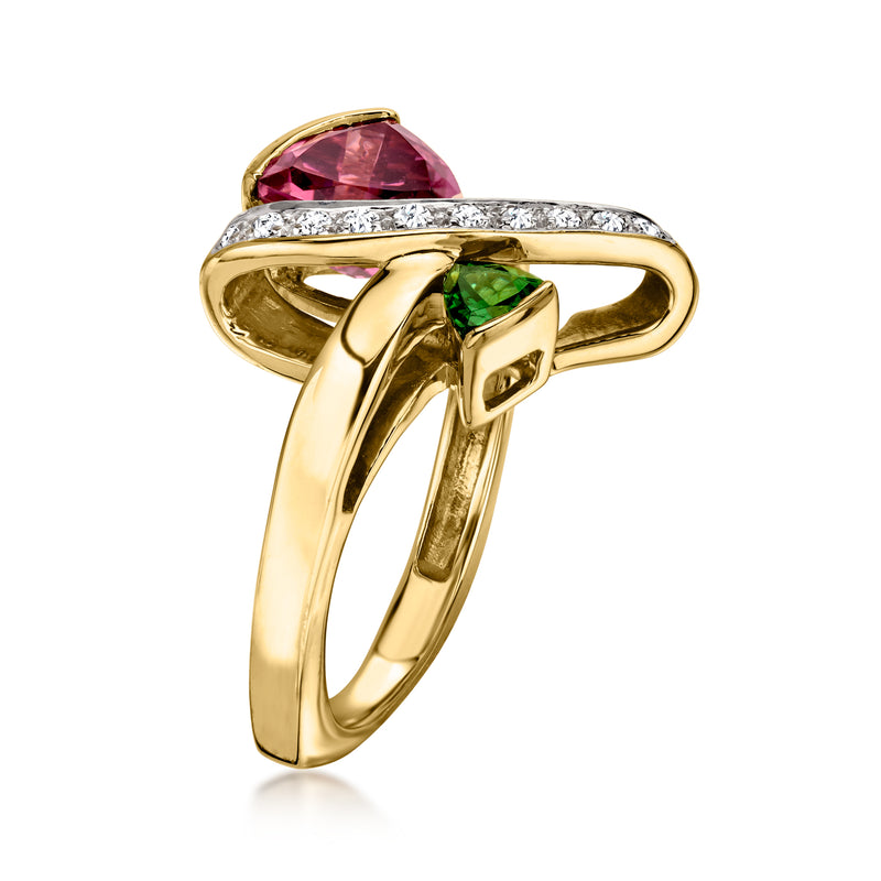 C. 1990 Vintage 2.35 ct. t.w. Pink and Green Tourmaline Ring with .16 ct. t.w. Diamonds in 14kt Yellow Gold. Size 7